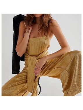 Free People Shimmer and Shine Gold Metallic Tie-Waist Wide-Leg Jumpsuit